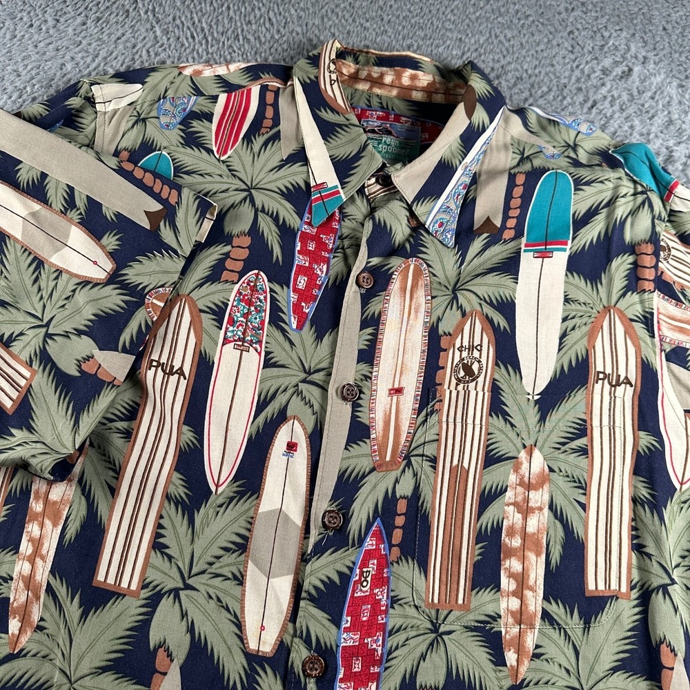 Reyn Spooner Camp Shirt Mens‎ L Hawaiian Surfboard Palm Navy Rayon Aloha